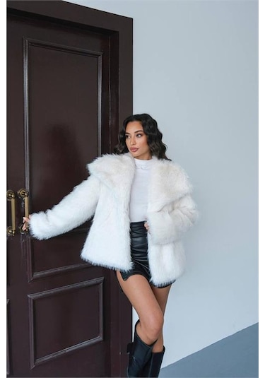 Neşeli Butik Kadın Ekru Astarlı Kürk Kaban Nbmylk32 Ekru