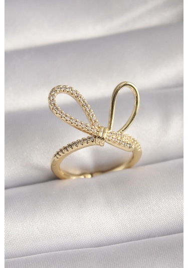 Gold Renk Zirkon Taşlı Düğüm Model Kadın Yüzük Altın