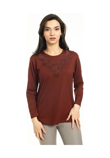 Kadın Orta Yaş Ve Üzeri Yeni Model Yuvarlak Yaka Likralı Anne Penye Bluz 30550-taba