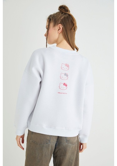 Hello Kitty Lisanslı Baskılı Kalın Oversize Beyaz Sweatshirt Renkli