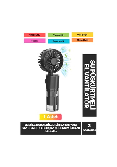 Sessiz 3 Kademeli Hafif Kablosuz Su Püskürtmeli Taşınabilir Usb Şarjlı Masa El Fanı Vantilatör