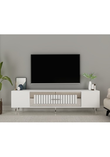 Lahor Tv Sehpası Tv Ünitesi 150 Cm Beyaz Gümüş