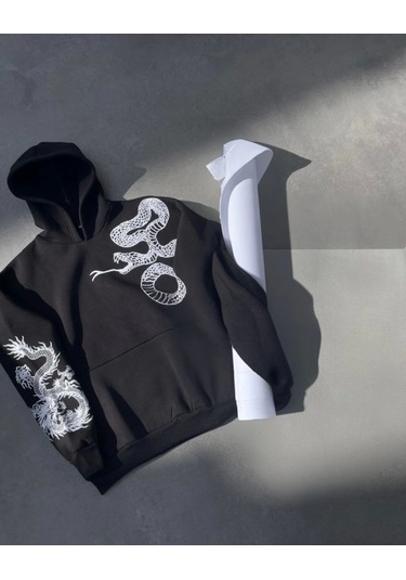 Uzun Kol Kapşonlu Baskılı Sweatshirt - Siyah Anrasit