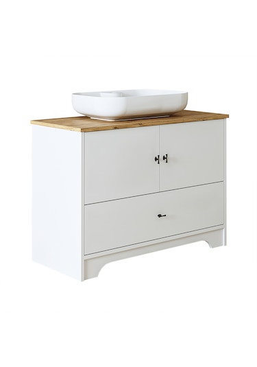 Oval Lavabolu Ayaklı 2 Kapaklı Çekmeceli Mdf 100 Cm Banyo Aria Atlantik Çam - Beyaz