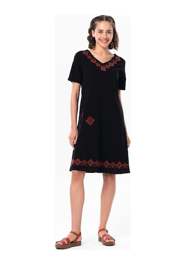 Kolsuz Şile Bezi Kruvaze Yaka Nakışlı Tülin Midi Boy Yazlık Otantik Elbise Siyah Syh-siyah Siyah