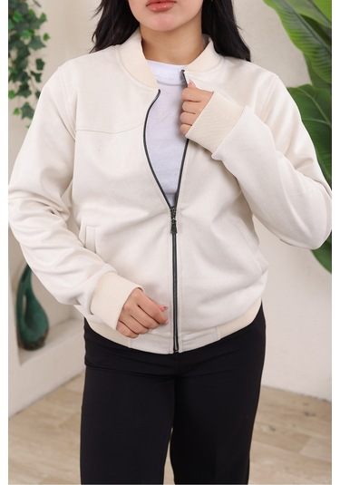 Bomber Kolej Su Geçirmez Ceket Açık Krem Süet
