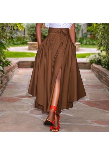 Zanzea Bayan Yaz Yüksek Bel A Hattı Yırtmaçlı Etek Cepli Kahverengi