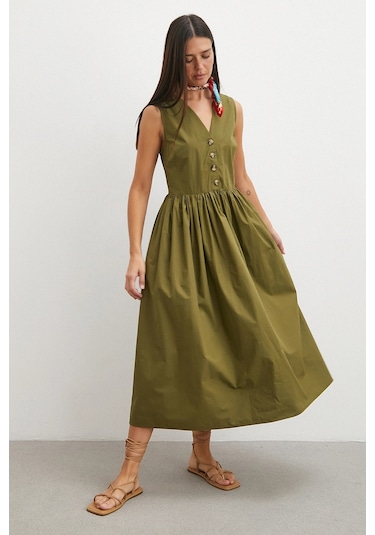 Uterpe Picnic Chic Düğmeli Elbise Yeşil