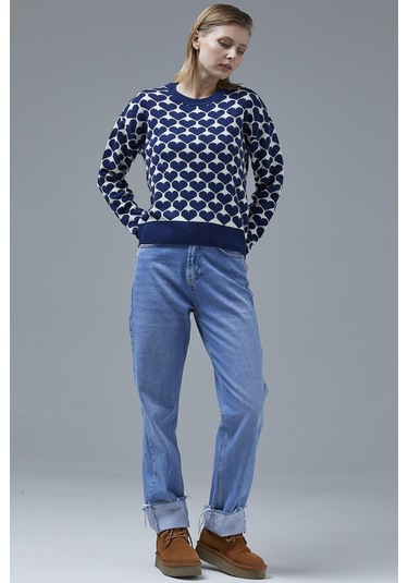 Kalp Desenli Sıfır Yaka Triko Kazak - Lacivert 001