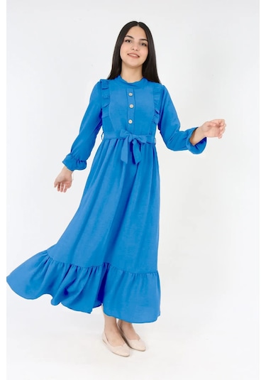 Kiz Cocuk Uzun Elbise Aerobin Keten Kumaş Tesettüre Uygun Uzun Boydan Elbise İndigo Mavi