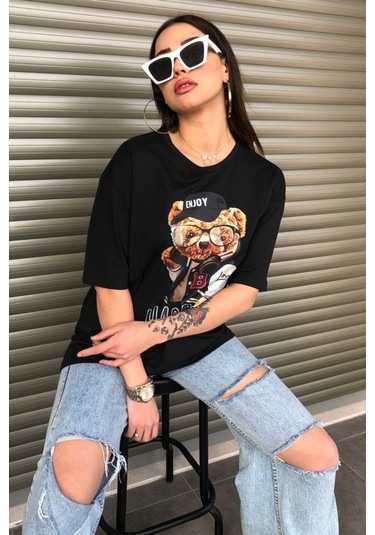 Modagen Kadın Happier Oversize Baskılı Siyah T-shirt Hp Siyah