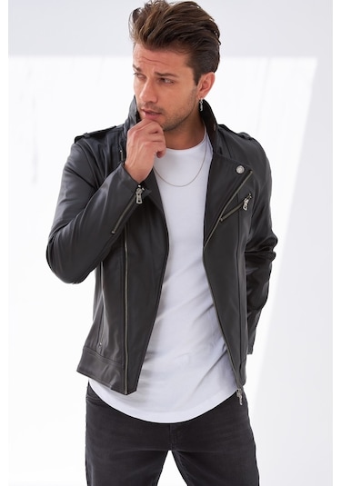 Çapraz Fermuar Erkek Deri Ceket