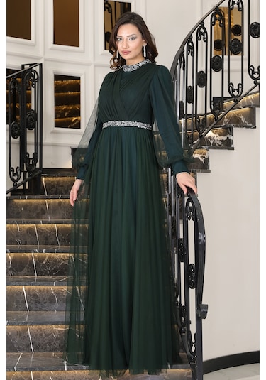 Senna Taş Detaylı Büyük Beden Şık Tesettür Abiye Zümrüt