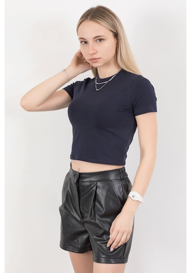 Giysa Kadın Bisiklet Yaka Pamuklu Basic T-shirt Lacivert Ms0000102 Lacivert