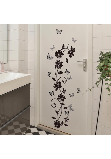 Gajeena Siyah Çiçek Asma Kelebek Duvar Sticker, Kaldırılabilir Vinyl Otostik Ev Dekoru, Banyo Oturma Odası Yatak Odası Dekoratif 90x30cm Siyah