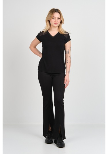 Sistas Kadın V Yaka Omuz Ve Sırt Tül Detaylı Kısa Kol Bluz 4148 Siyah Siyah