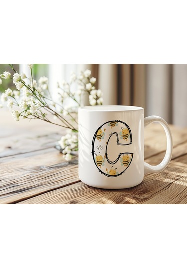C Harfi Arı Desenli Kupa - Sevimli Hayvan Temalı Kişiye Özel Kahve Kupası - Şans Kupası Beyaz