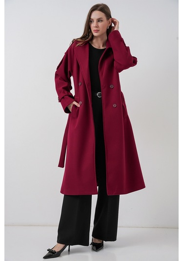 Kadın Kuşaklı Kaşe Kaban 9161 - Kırmızı Kırmızı