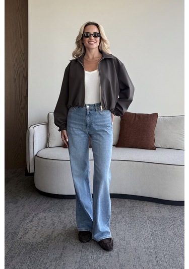 Koyu Kahverengi Crop Bomber Ceket Koyu Kahverengi