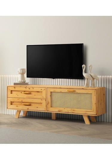 Tv Sehpası 2 Çekmeceli 1 Hasır Kapaklı Natural Ağaç 180cm Kurulu Gönderilir Naturel