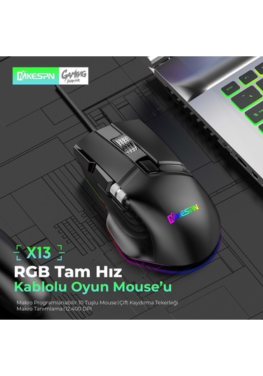 Mkespn X13 Gaming Mouse Kablolu 12400 Dpi 10 Tuş Makro Rgb Oyuncu Mouse Siyah