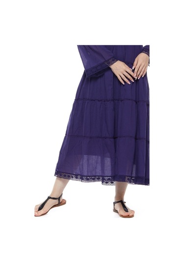 Uzun Kollu Mor Düğmeli Vual Yazlık Uzun Elbise