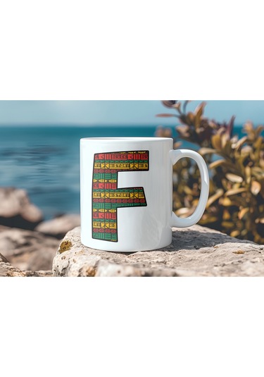 F Harfi Etnik Desenli Kupa - Afrika Tarzı Kahve Çay Kupası - Hediyelik - Black History Beyaz