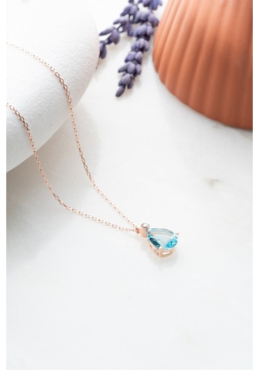 Nereze 925 Ayar Gümüş Rose Aquamarin Damla Tektaş Kolye