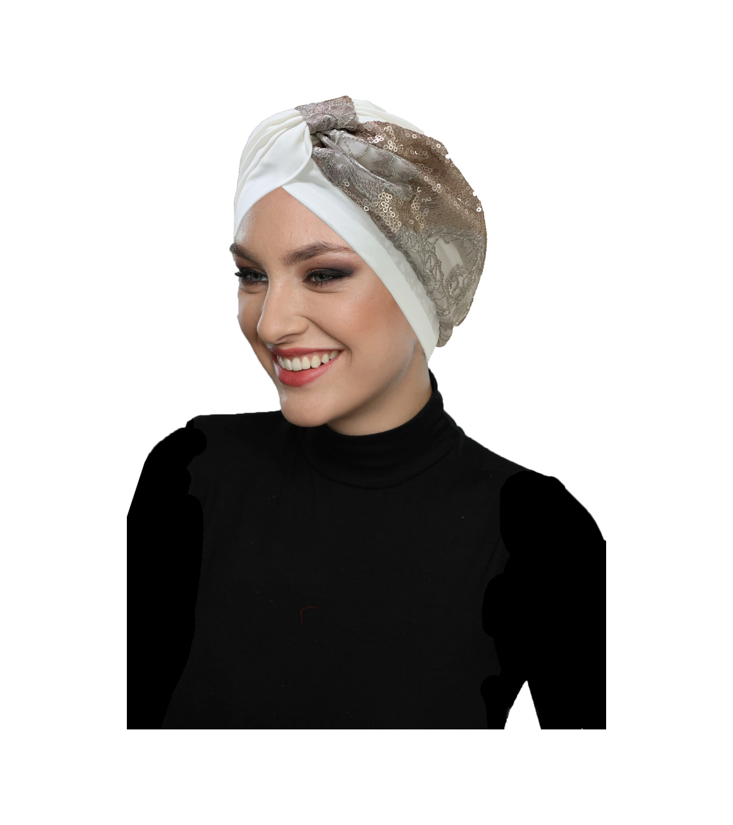 Özel Tasarım Ekru Üzeri Pudra Payet Ve Aplikeli Astarlı Hazır Türban Tesettür Abiye Bone Ekru3