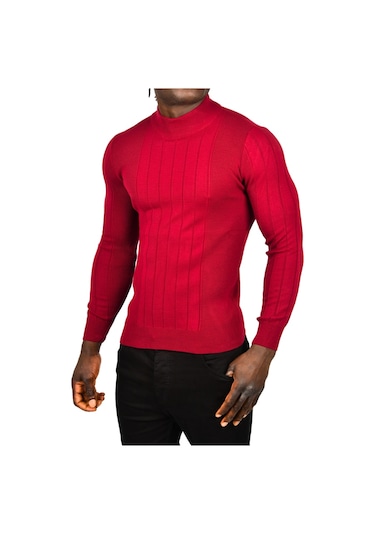 Deepsea Erkek Bordo Yarım Balıkçı Yaka Çizgili Tüylenmeyen Slim Fit Triko Kazak 2505491 Bordo