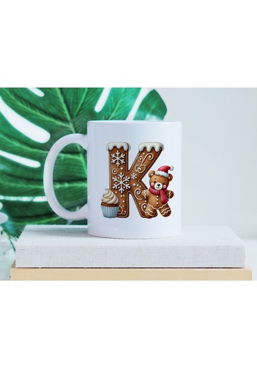 K Kurabiye Harf Ve Ayıcık Detaylı Kupa Bardak - Yeni Yıl / Yılbaşı Temalı Tasarım - Noel Hediye Beyaz