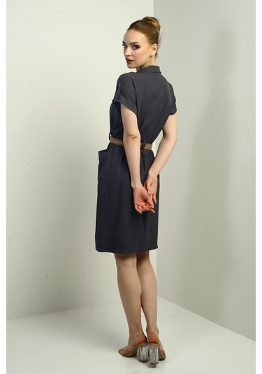 Kadın Torba Cepli Beli Kemerli Elbise-40662 Antrasit
