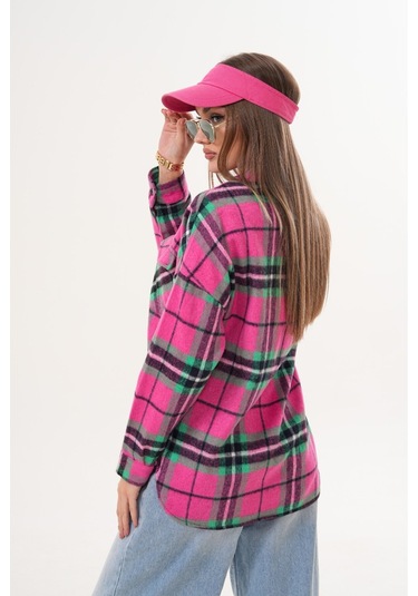 Kadın Desen Bloklu Oduncu Oversize Bol Ve Geniş Kalıp Casual Cepli Yakalı Ceket Gömlek Pembe