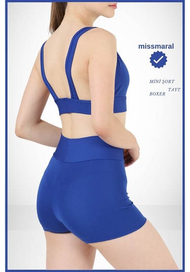 Kadın Mavi Yüksek Bel Toparlayıcı İç Göstermeyen Boxer Şort Deniz, Havuz & Günlük Kullanım İçin Saks Mavi