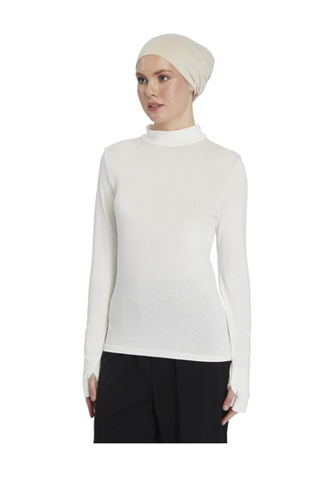 Kadın Organik Parmak Geçmeli Balıkçı Yakalı Body Ekru