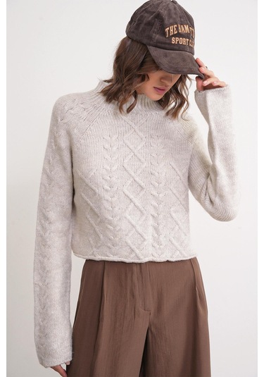 6855 Kadın Dik Yaka Saç Örgülü Triko Kazak Taş Taş