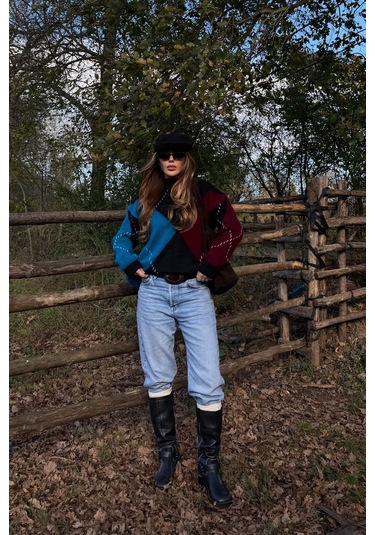 Mavi - Bordo Baklavalı Kazak - 7183 Mavi - Bordo