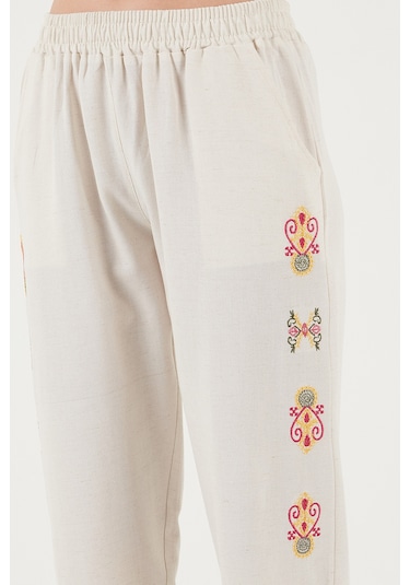 Lela Bohem Işlemeli Keten Ve Pamuk Karışımlı Şalvar Bayan Pantolon 5865050 Bej-Fuşya