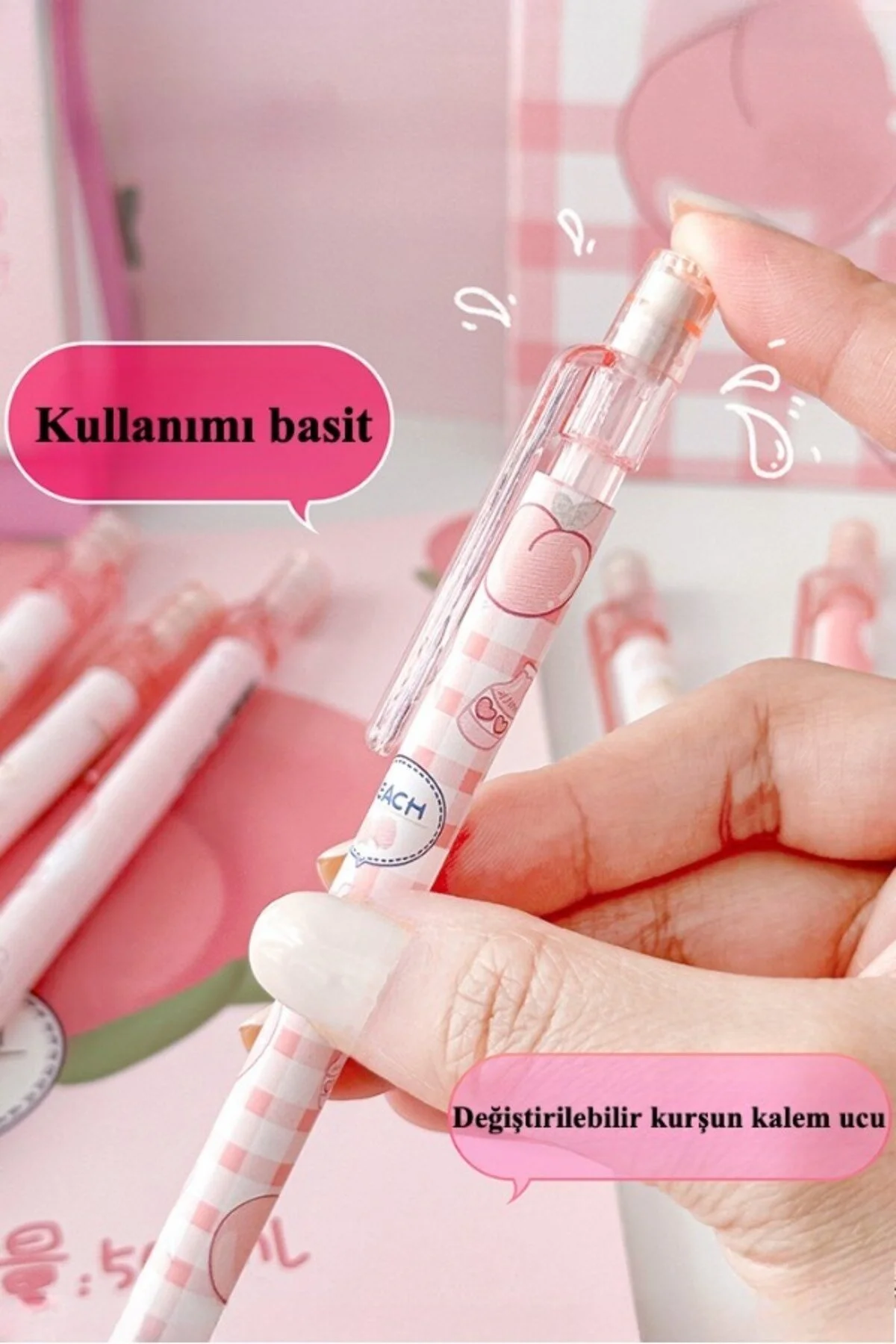 Kawai Şeftali Uçlu Kalem 2b 0,7mm 4 Adet Uçlu Kalem+1 Kutu Uç Şeftali - Pembe