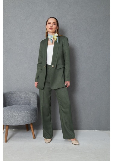 Kare Düğmeli Yünefekt Takım Haki Haki