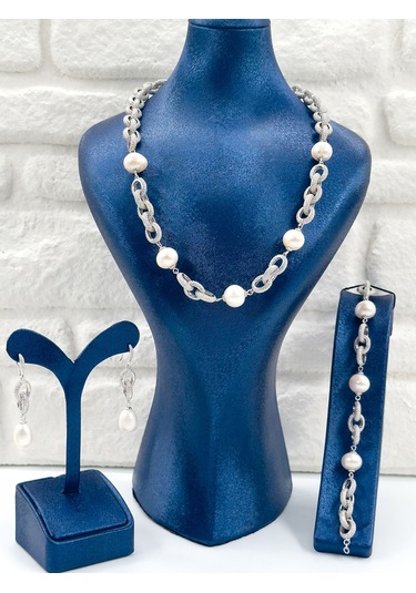 Özel Tasarım İncili 3'lü Kadın Gümüş Set - Kolye Seti Gümüş