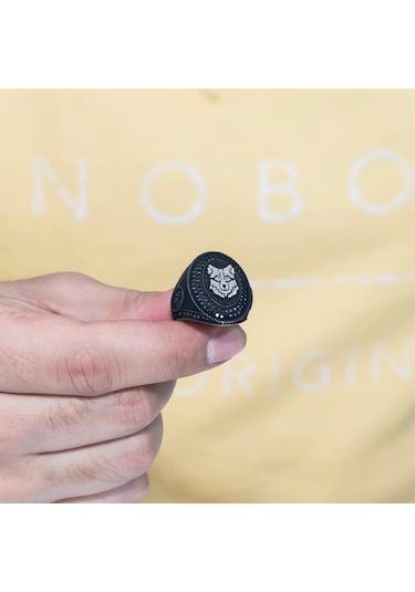 Kurt Desenli Siyah Rodyumlu Gümüş Erkek Yüzük Beyaz