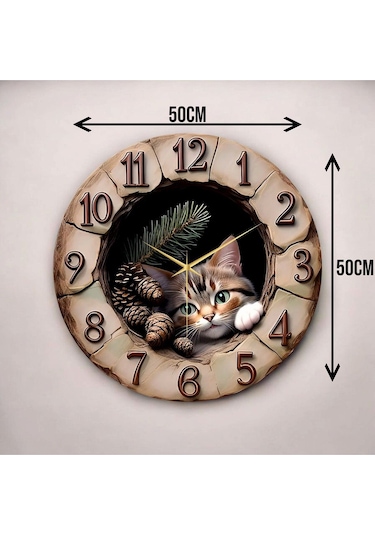 Ahşap Kabartma Görünümlü Renkli Baskı Kedi Desenli Sayılı Hediyelik Ahşap Sessiz Duvar Saati 50cm ÇOk Renkli