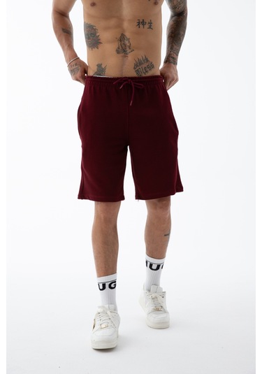 Erkek Bordo Yüksek Kalite Relax-fit Rahat Kesim %100 Pamuk Bağcıklı Siyah Düz Basic Şort Bordo