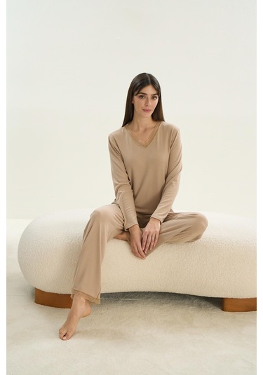 Kadın Uzun Kol Bej Mlelanj Pijama Takım C4t9n0o61 001