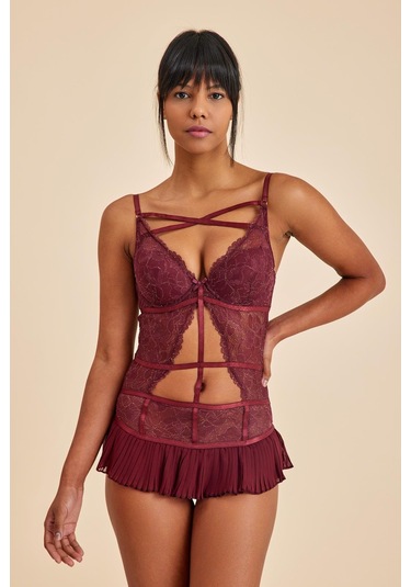 Roma Bordo 4'lü Dantelli Sütyen, Babydoll, Külot Çeyiz Seti Bordo