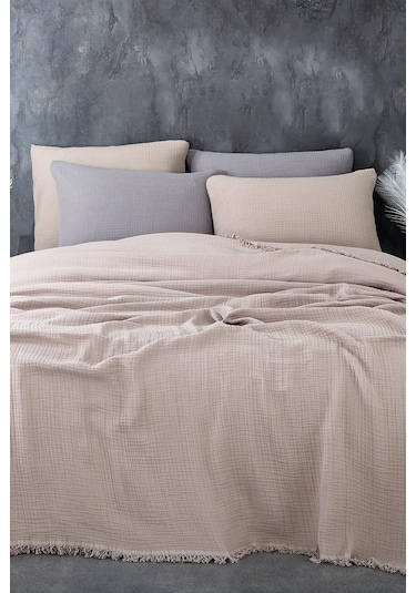 Müslin%100 Pamuk Tek Kişilik Yatak Örtüsü Pike Takımı 4 Katlı Yumuşak Battaniye 2 Parça Bej Cappuccino