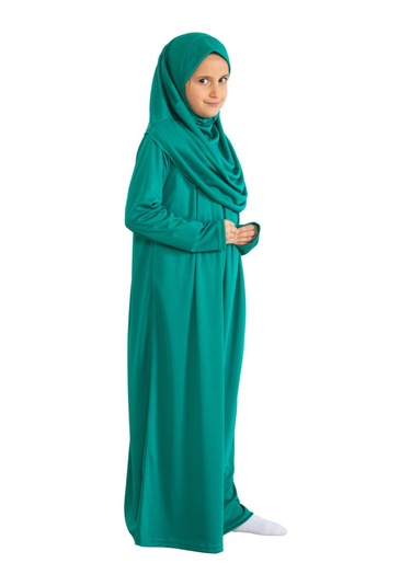 İki Parça Çocuk Elbisesi Seti Eşarp İle Takım Yeşil