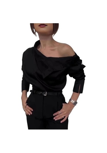 Kadın Gömlek Düğme Eklemeli Balıkçı Yaka Uzun Kollu Rahat Bol Kesim Gömlek Düz Siyah