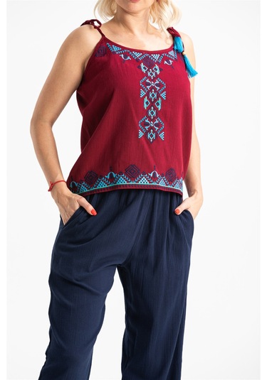 Askılı Şile Bezi Atiye Bluz Bordo Brd